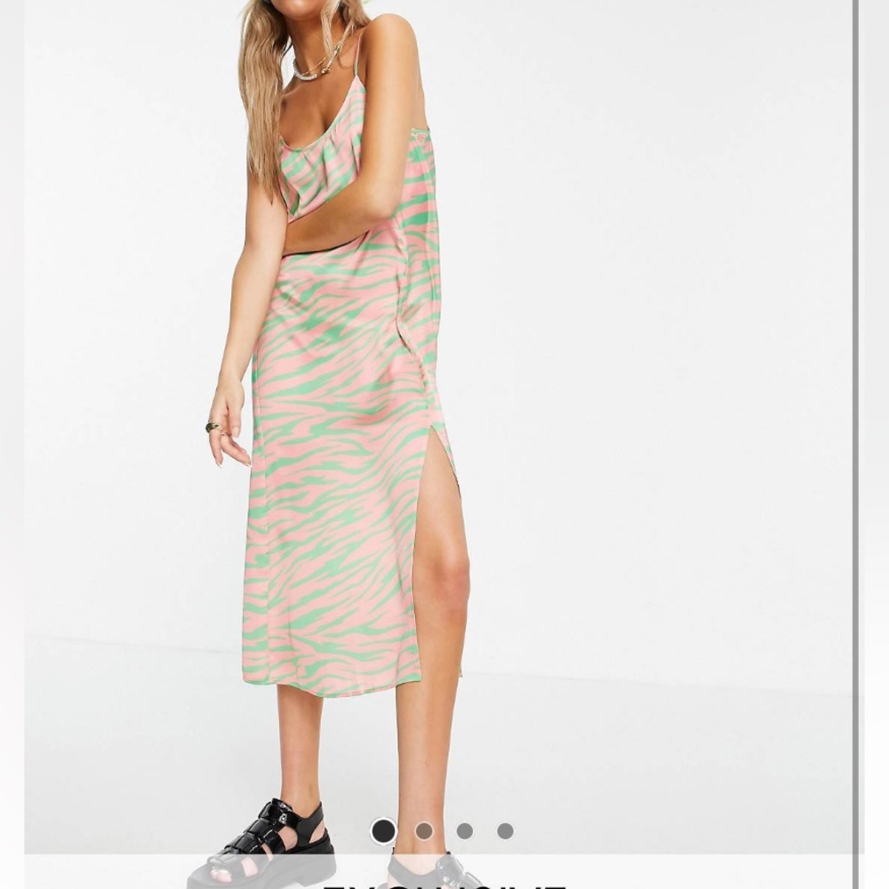 COLLUSION zebra print slip cami midi dress in pink & green size 12